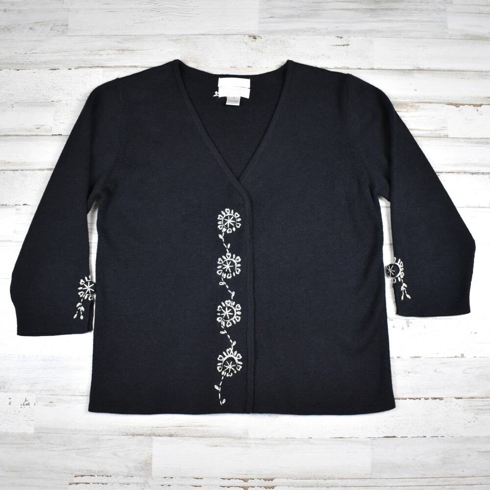 Vintage Boho Cottagecore Cardigan Sweater Floral Embroidered Black Knit Womens S